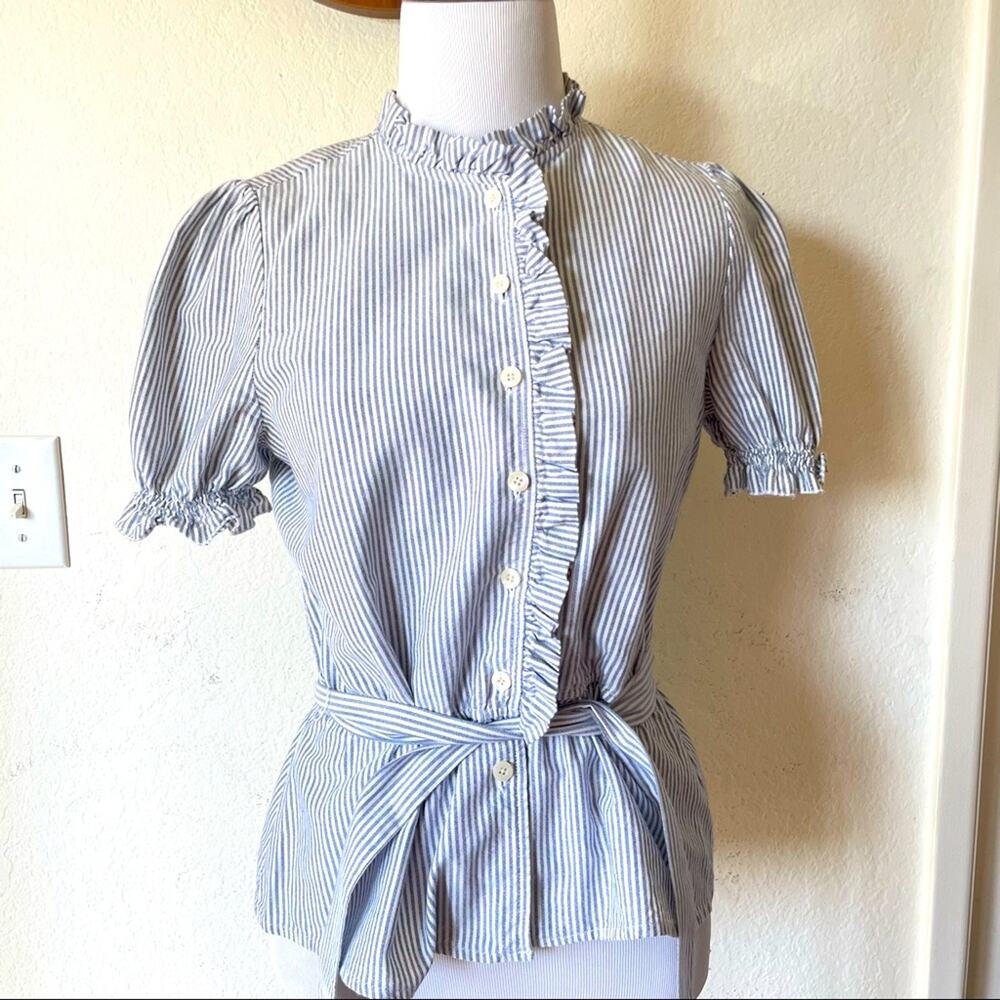 Kimchi & Blue Stripes Buttons Ruffle Blouse Puff Sleeves, Tie Waist, Cottagecore